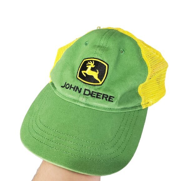 JOHN DEERE Kids Trucker Hat Baseball Adjustable Green Yellow Mesh‎ Cotton - Picture 1 of 9